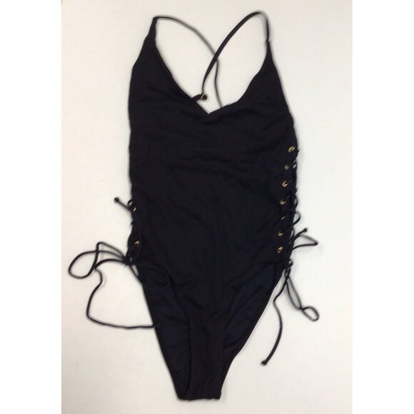 L*Space One Piece Swimsuit Black Womens Size 10 Side Laces Rivets Sexy - Picture 1 of 7